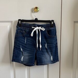 Navy Distressed Denim Shorts with White Drawstring